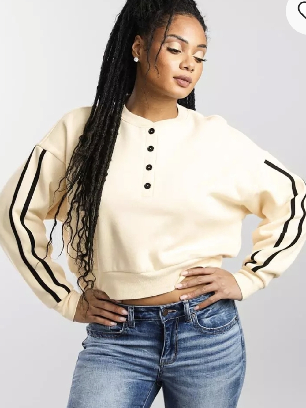 Cream Henley Sweatshirt with Black Stripe Sleeve - Women